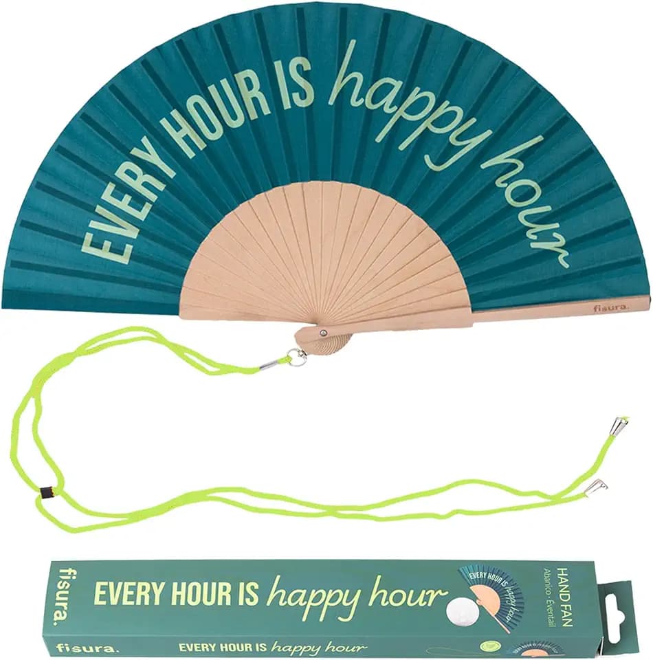 FISURA – Originaler Holzfächer mit der Aufschrift Happy Hour“. Moderner, farbenfroher Handfächer in Grün mit praktischem Aufhänger. Perfekt für heiße Sommertage. Maße: 42,5 x 23 cm