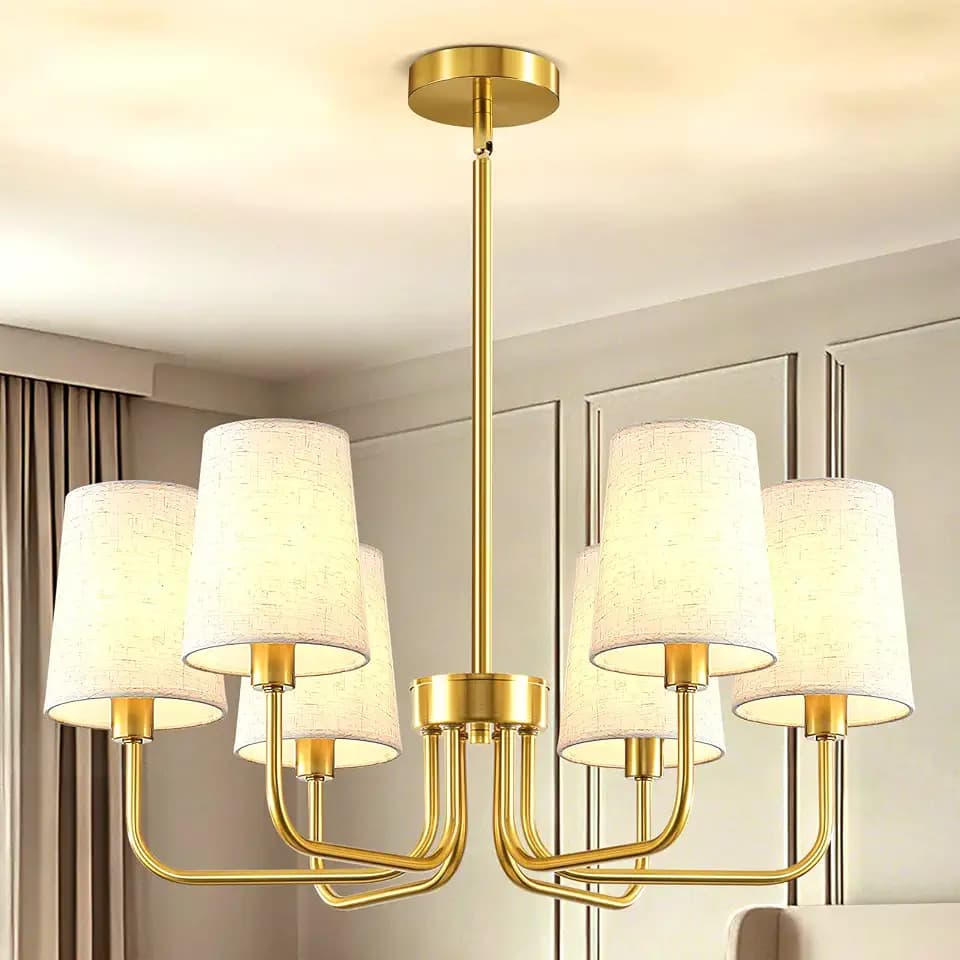 Yunnix 6-Light Gold Chandelier for Dining Room, No Assembly Modern Chandelier Light Fixture with White Linen Shades, UL Listed 25" Farmhouse Brass Dining Room Light Fixture Bedroom Entryway Foyer