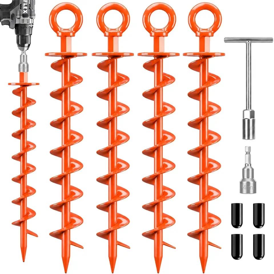 FEED GARDEN Ground Anchors Screw in Heavy Duty, 4 Pack 15 Inch Spiral Earth Anchors for Trampoline Anchors High Wind, Swing Set Anchors, Tent Stakes, Dog Tie Out & Canopy Stability, Orange