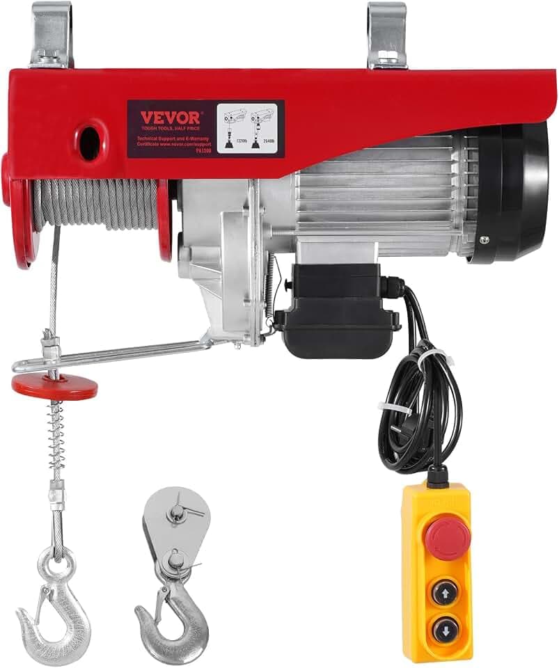 VEVOR Elektrische Seilwinde, 1200 kg Motorwinde mit 4,2 m kabelgebundener Fernbedienung, 12 m Hubhöhe mit Einzelkabel, Einzel-/Doppelschlingen, Not-Aus, Hebezeug für Garage, Lager, Fabrik