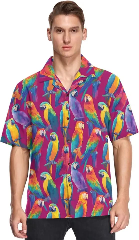 Hawaiian Shirt Colorful Parrots Red for Men Short Sleeve Button Down Casual Shirts