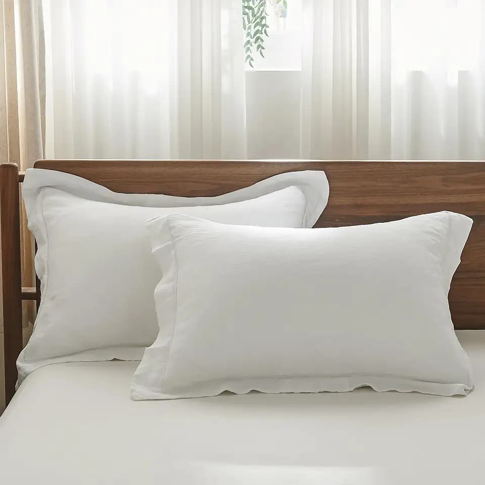 Simple&Opulence 100% French Linen Pillowcases with Embroidery – Pack of 2, Washed Solid Color Natural Flax, Soft & Breathable - White, 20'' x 36''