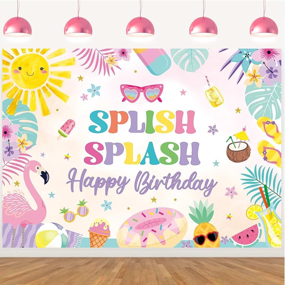 Summer Birthday Backdrop Splish Splash Happy Birthday Backdrop Summer Water Splash Tropical Pool Party Decorations Banner Photo Booth Props (82x59 inch (7x5FT))