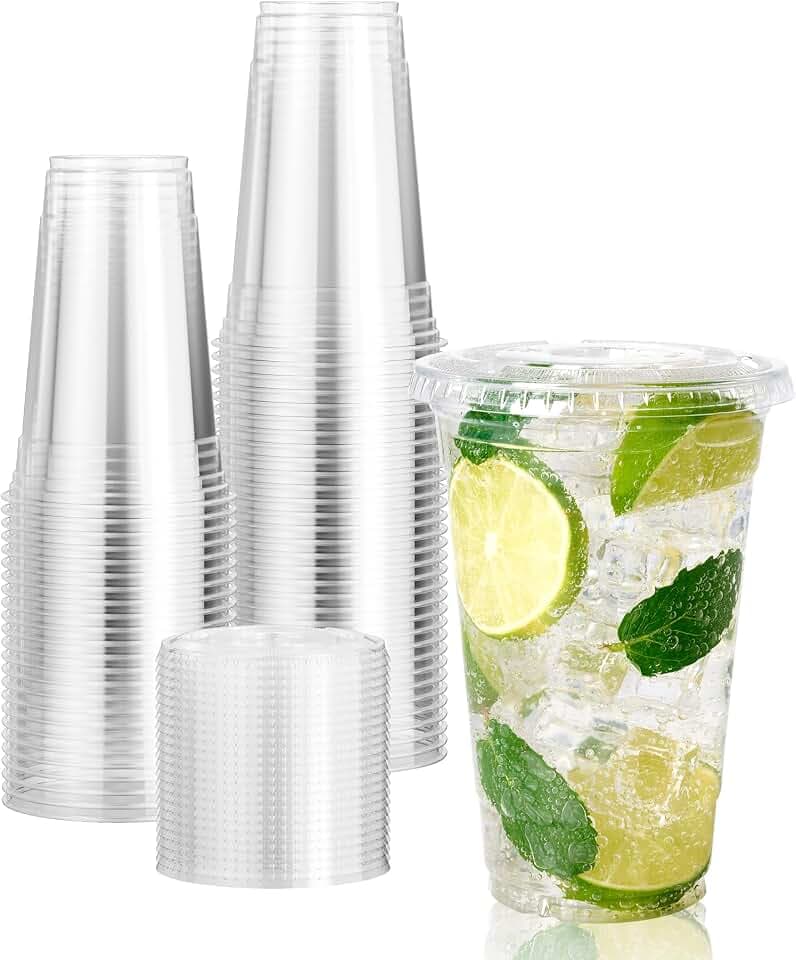 Vplus 160 Pack 20 OZ PET Clear Disposable Plastic Cups with Lids for Juice