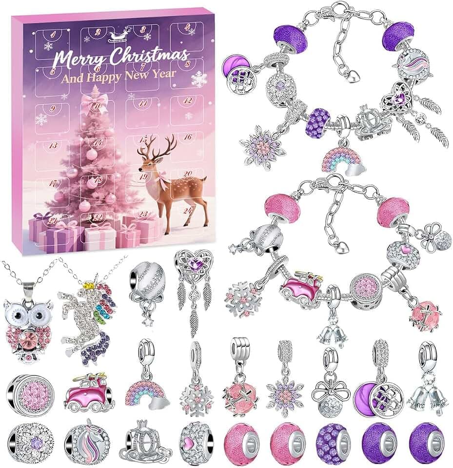 Adventskalender 2025 Schmuck Mädchen, Weihnachtskalender Schmuck Geschenk für Kinder, 24-Tägiger Weihnachts-Countdown Kalender mit Schmuck Armbänder, DIY Weihnachtskalender Armband Schmuck Basteln