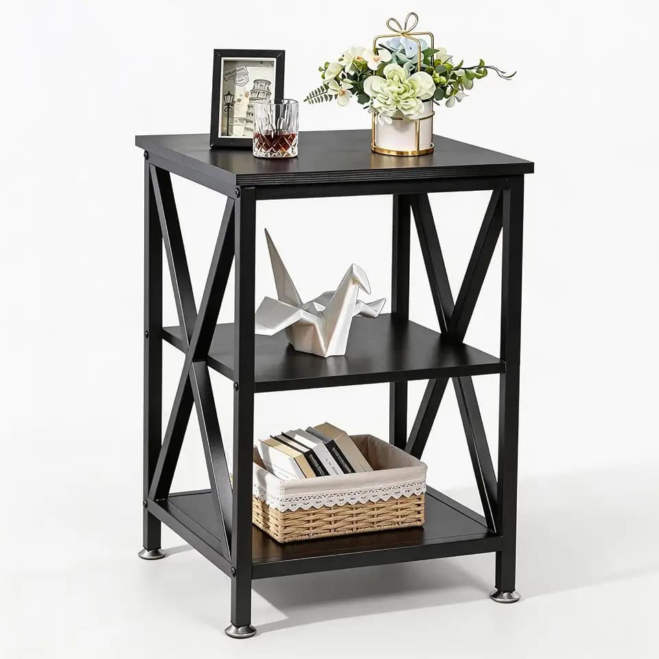 TooCust Square End Table with Storage Shelf, Farmhouse Black Wood End Table