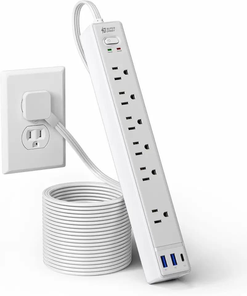 10Ft Flat Extension Cord with Multiple Outlets, Surge Protector Power Strip