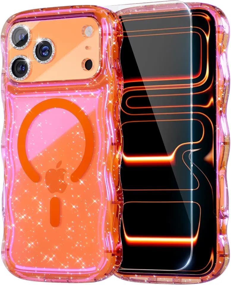QVLANG Magnetic for iPhone 17 Pro Max Case Clear Wave Glitter Orange