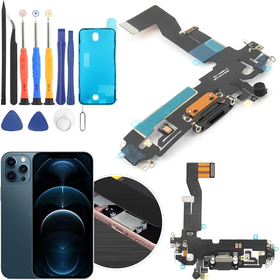 Replacement for iPhone 12 Charging Port Dock Connector for iPhone 12 Pro Charging Port Replacement USB Charger Board Flex Cable Assembly Accessories with Repair Tools(Black)