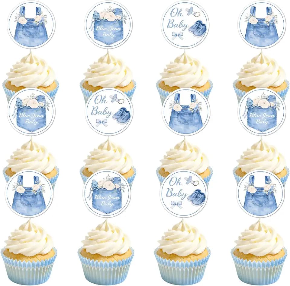 36PCS Blue Jean Baby Shower Decorations a Little Denim Baby Is on the Way Cupcake Toppers Denim Floral Themed Paper Material Double Sided Baby Shower Gender Reveal Party Decor