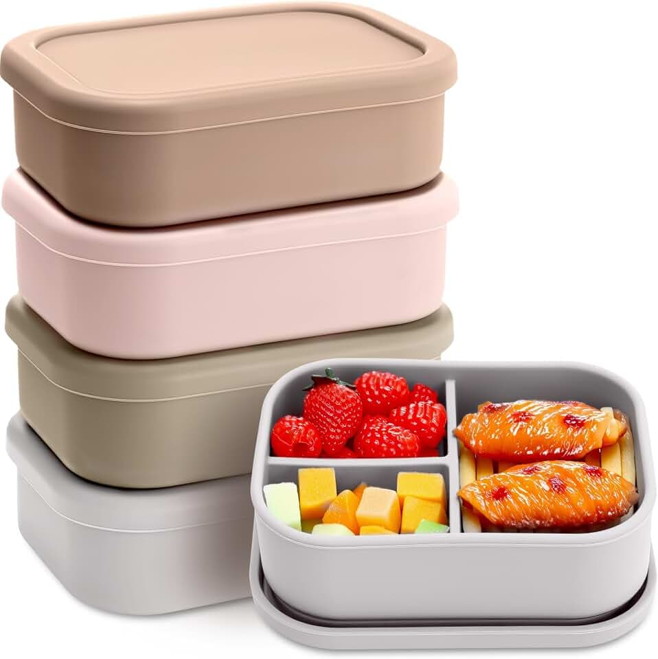 Honeydak 4 Pcs Silicone Bento Box, 3 Compartment Container, Bohemian Color