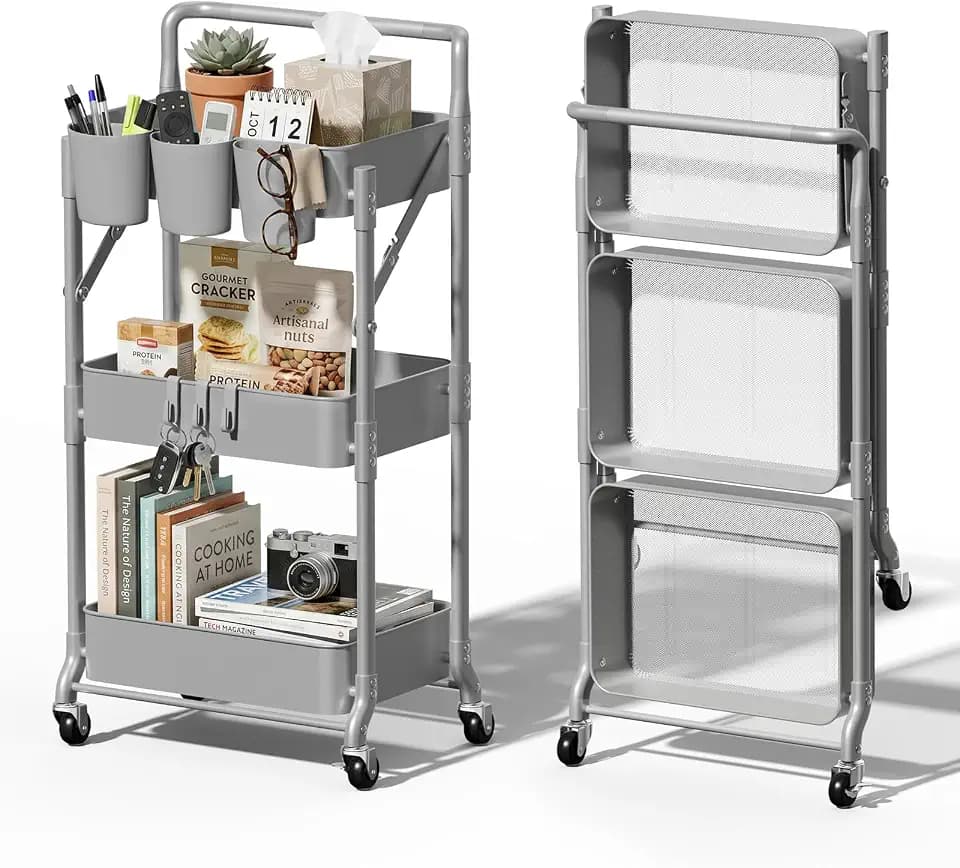 Foldable 3 Tier Rolling Cart, Metal Utility Cart with Wheels