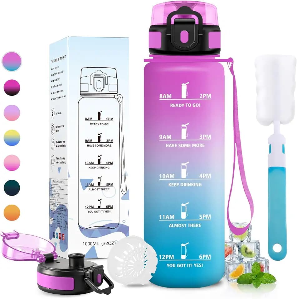 Sportflasche 1L, Kohlensäure Geeignet, Auslaufsicher Wasserflasche mit Zeitmarkierung, Trinkflasche mit filter, für Klettern, Büro, Picknick