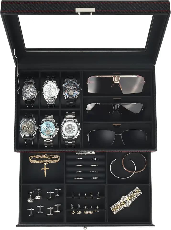 Uhren- und Sonnenbrillenbox mit Glasdeckel – Schmuckkasten für Herren, 6 Fächer, 2 Ebenen, Uhrenetui mit Schloss, Aufbewahrungsbox & Display – Geschenk für Männer und Frauen