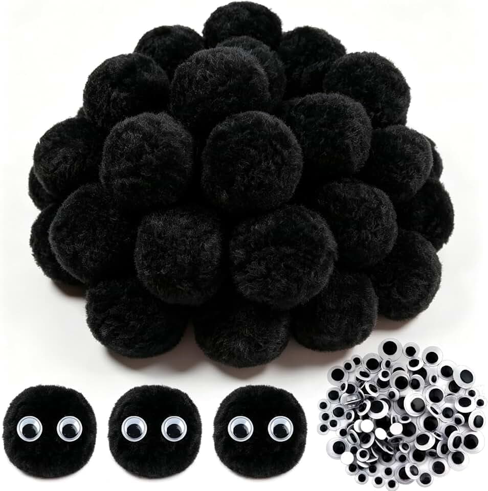 TOAOB 50pcs Large Pom Poms 2 Inch Black Craft Pom Poms Fuzzy Pompoms Balls with Googly Wiggle Eyes for DIY Crafts Projects Home Decorations