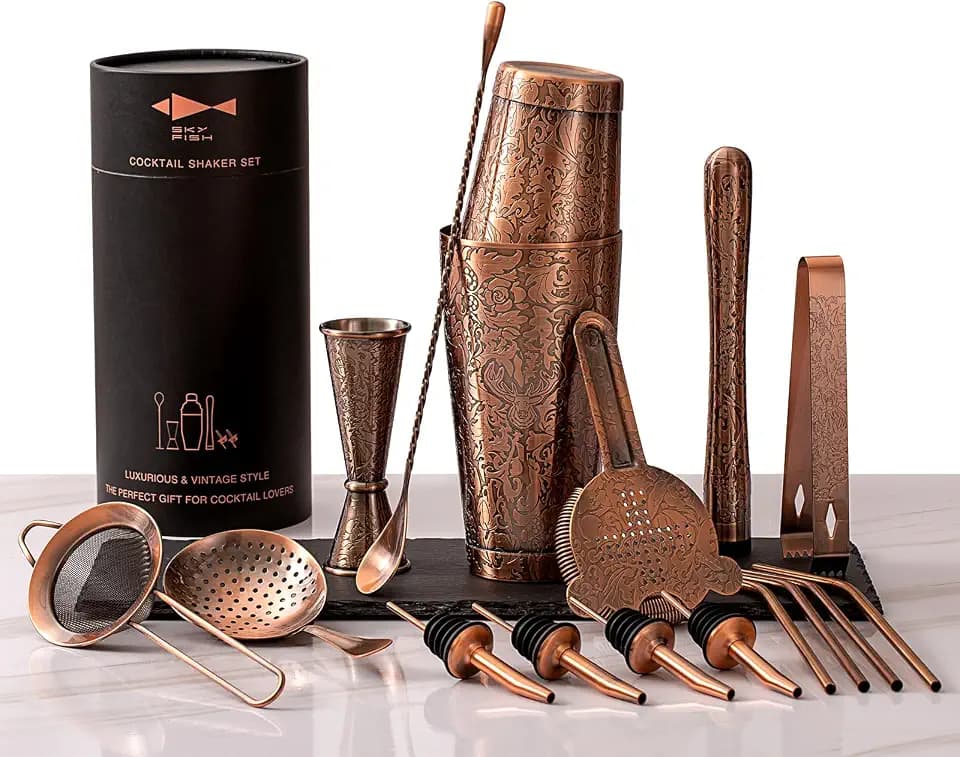 SKY FISH Boston Cocktail-Shaker-Set | 18-teiliges Barkeeper-Set mit 3D-geprägtem Design | Professionelles Barzubehör-Set für Cocktail-Liebhaber | Handwäsche – Antikes Kupfer