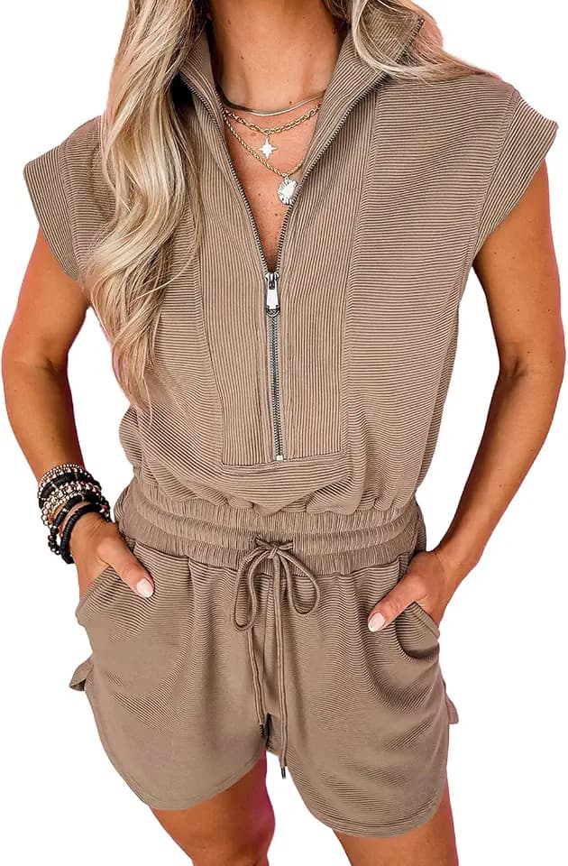 Rompers for Womens Summer Half Zip with Pockets