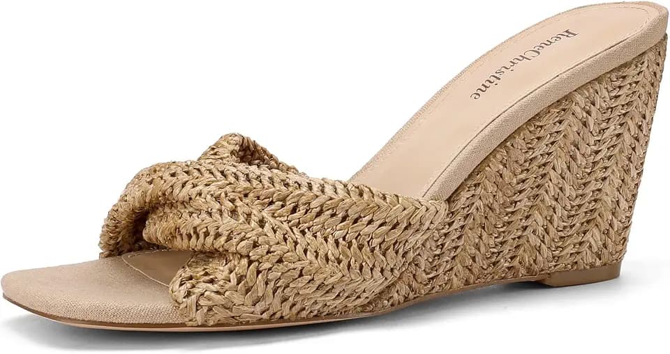 Women's Wedges Heeled Slippers Fabric Heels Slip on Comfy Evening Dress Woven Sandals Square Toe Shoes for Women 3.3" Heels