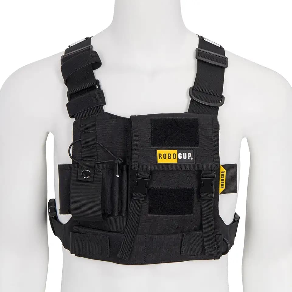 ROBOCUP Radio Chest Harness Vest, Walkie Talkie Carrier with Full-Size Ham Radio Pouch, Adjustable Utility Organizer, Silent Buckles, D-Rings, Reflective Stripes, Hook & Loop Panels, Black