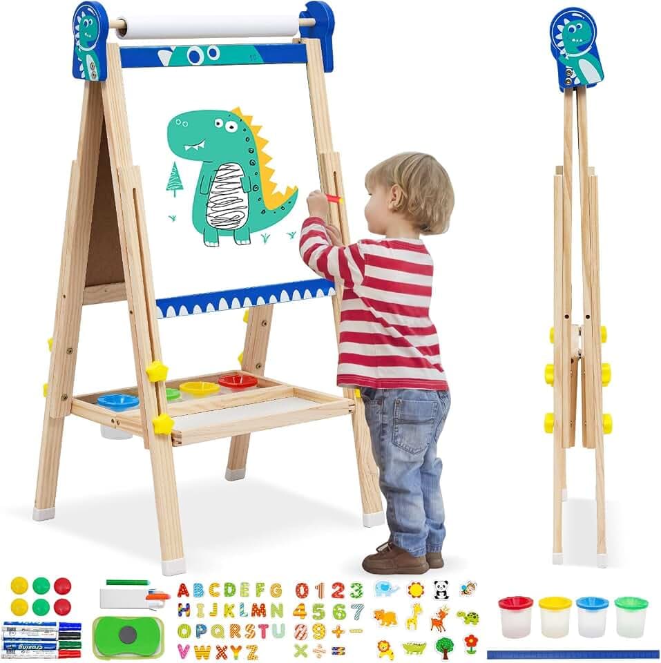 Kinder Spiel-Tafel aus Holz| Faltbare Doppelseitige Kunststaffelei für Whiteboard und Kreidetafel|höhenverstellbar mit Papierrolle, Kreidetafel, Whiteboard, Stift, Reichhaltige Accessoires