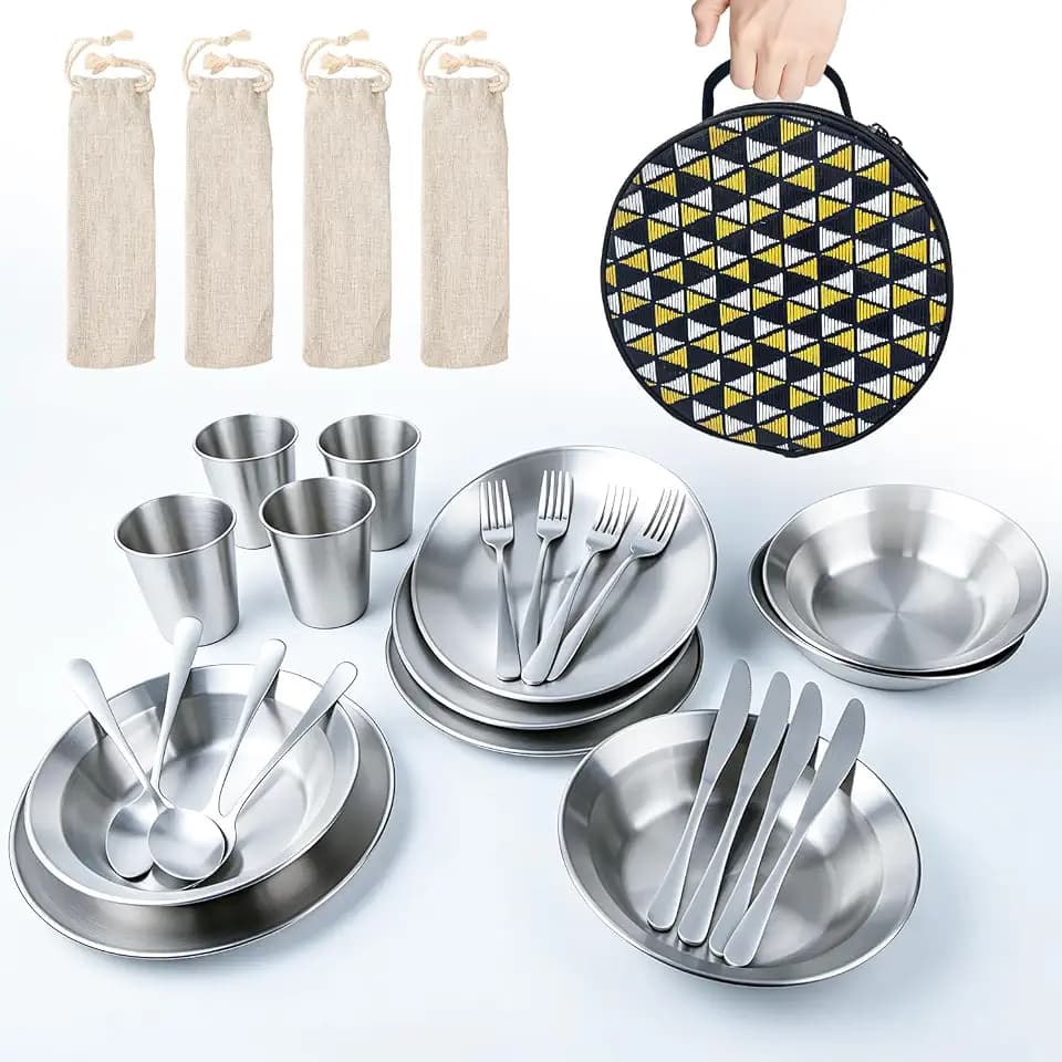 Stainless Steel Outdoor Camping Dishes Mess Kit Set, Plates Bowls Forks Spoons Knives Combo with Carry Bag for Travel Backpacking Hiking and Picnic(4 Sets)
