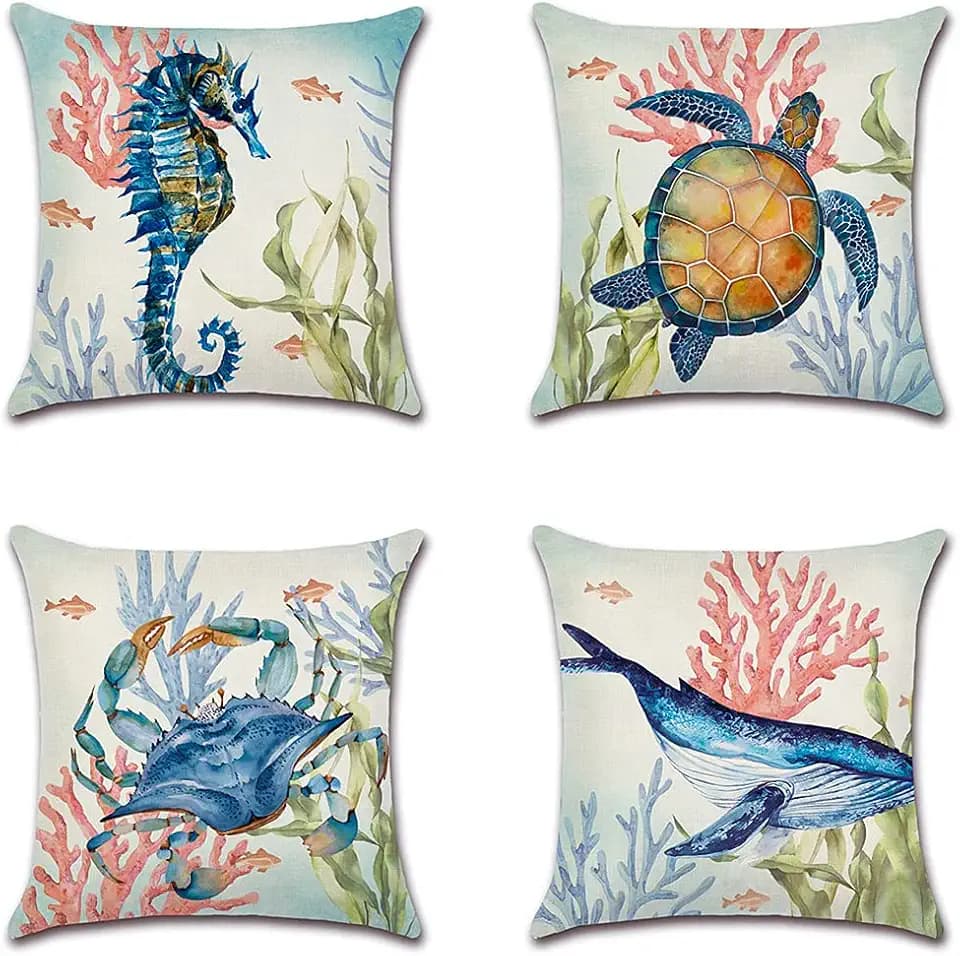 Artscope wasserdichte Kissenbezugen, 4er Set Blaues Meeresleben und Rosa Korallen Kissenhülle Atmungsaktiv Kissen Fall für Patio Garten Bauernhaus Dekor 45x45CM