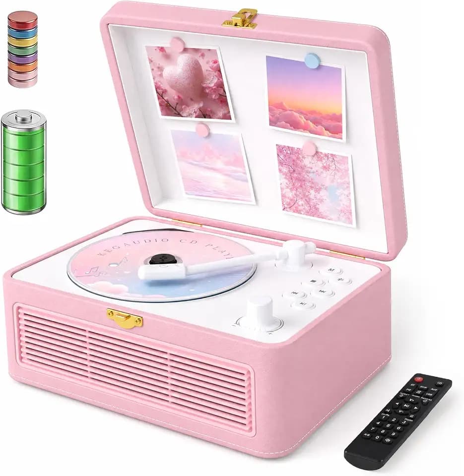 Retro CD Player Portable Bluetooth: Kegaudio CD Players for Home with Speakers 3600mAh Rechargeable & Radio & Remote Control PU Leather Vintage CD-Player Support USB/AUX Headphone Jack (Pink)