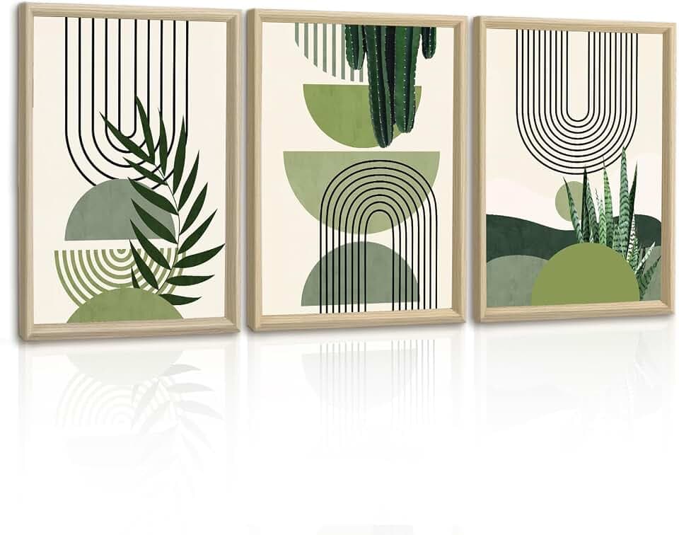 3Pcs Boho Blätter Leinwandbilder Bilder Set mit Rahmen Aesthetic Grüne Pflanze Bilder Moderne Wandbilder Schlafzimmer Bild Auf Leinwand Kunstdruck Deko für Wohnzimmer fertig zum Aufhängen 30x40x3
