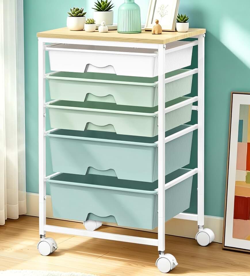 SUNALLY Rolling Carts With 5 Drawers, Storage Drawer Carts for Craft, Green