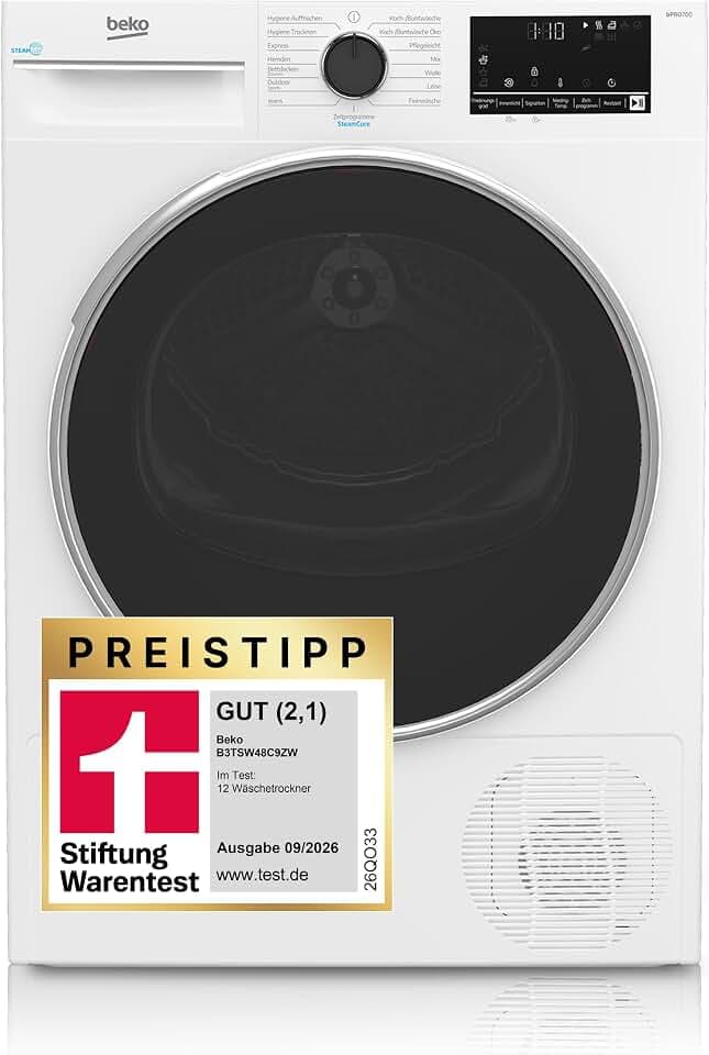 Beko Wäschetrockner, 8 kg, Stiftung Warentest GUT (2,1)*, Kondenstrockner, 15 Programme, Sensortrocknung, Säulenfähig, Aquawave Schontrommel, B3TSW48C9ZW