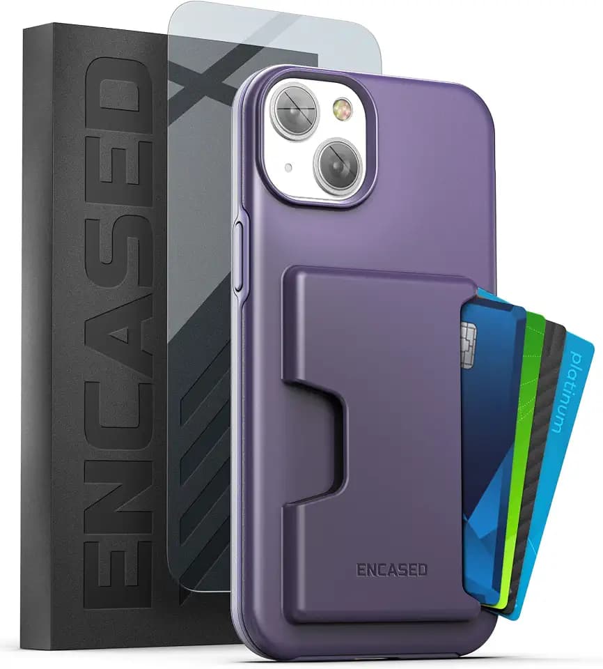 ENCASED Stoßfeste Brieftaschen-Schutzhülle für iPhone 14 Plus, mit Kartenhalter und Displayschutzfolie (4 Kreditkarten/Ausweise) - Lila