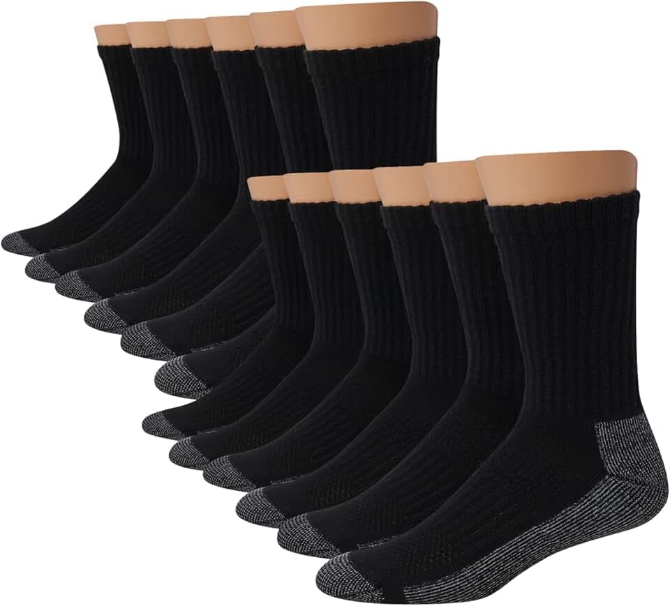 Hanes Men's Work Socks, Cushioned Crew Socks, Moisture-wicking Socks & Odor Control, Black & White, 6 & 12 Pack Available