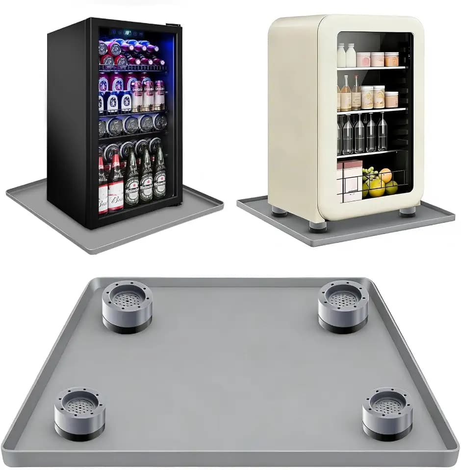 Mini Fridge Silicone Mat with 4 Riser Pads, 24" x 24" Refrigerator Mats Floor Protector, Mini Fridge Drip Tray & Refrigerator Tray for Washing Machine，Dryer, Air Conditioners Wine Cabinet (Grey)