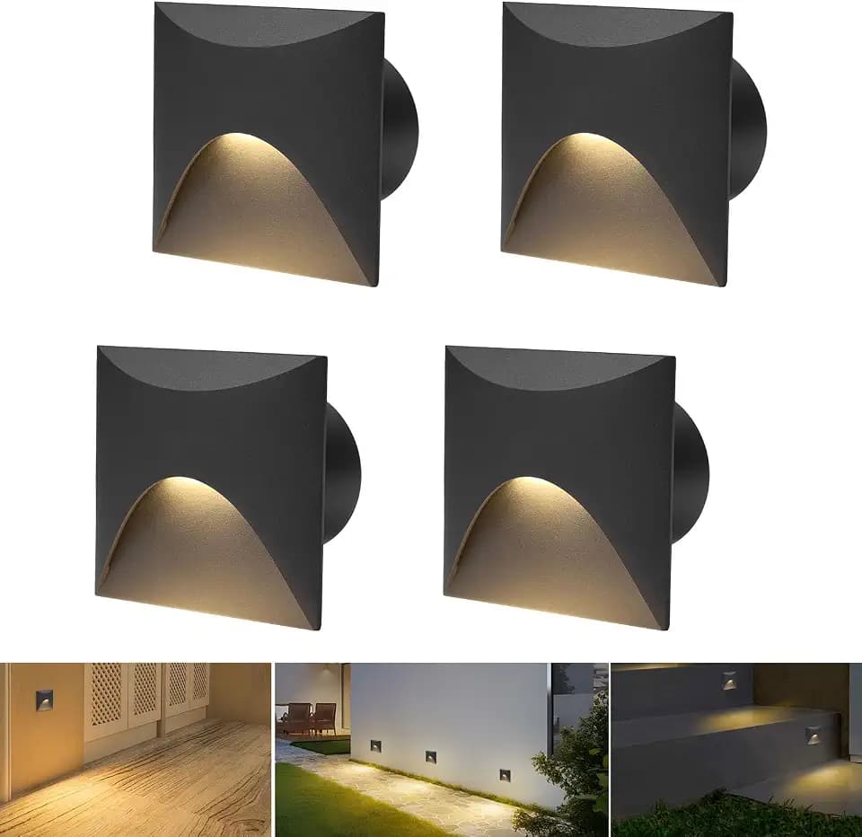 Arotelicht 4er 3W LED Treppenlicht Warmweiß 3000K Aluminium Wandleuchte 230V Eckig Einbaustrahler Treppenleuchte IP44 Wasserdicht Innen Außen Schwarz Stufenlicht, mit Unterputzdose
