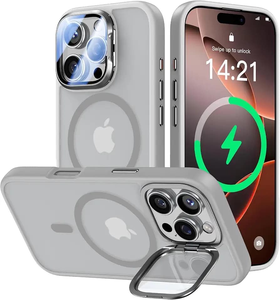 VOFATA [Upgraded] for iPhone 16 Pro Max Case with Camera Cover Stand [Fit for MagSafe][9H Camera Lens Protector] Mil-Grade Protection Translucent Magnetic iPhone 16 Pro Max Phone Case, Grey