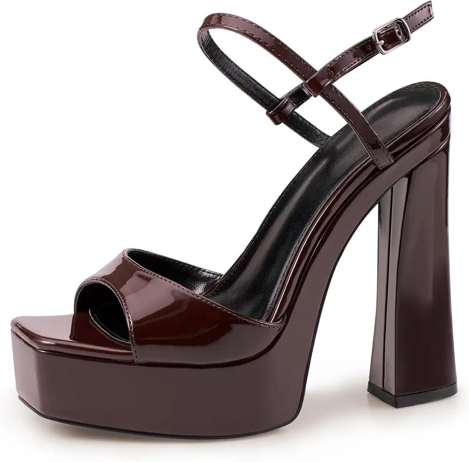 Open Toe Platform Sandal Heels with High Chunky Heel, Buckle Strap