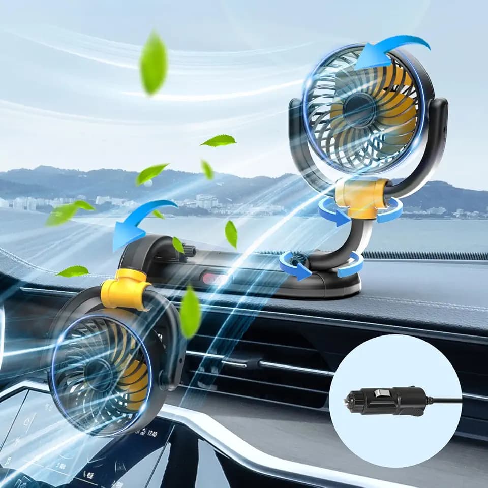 12V Auto Lüfter für Armaturenbrett - Zigarettenanzünder - 180° Auf und Ab, 360° Drehbar - 3-Stufen-Wind Auto Kühlventilator für SUV, Wohnmobil, LKW, Boot - 12V Doppelkopf