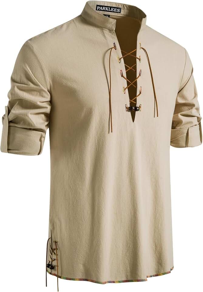 PARKLEES Herren Retro Baumwolle Freizeithemd Langarm Schnürbare Hemden Mittelalterlich Wikinger Piraten Kostüm für Halloween