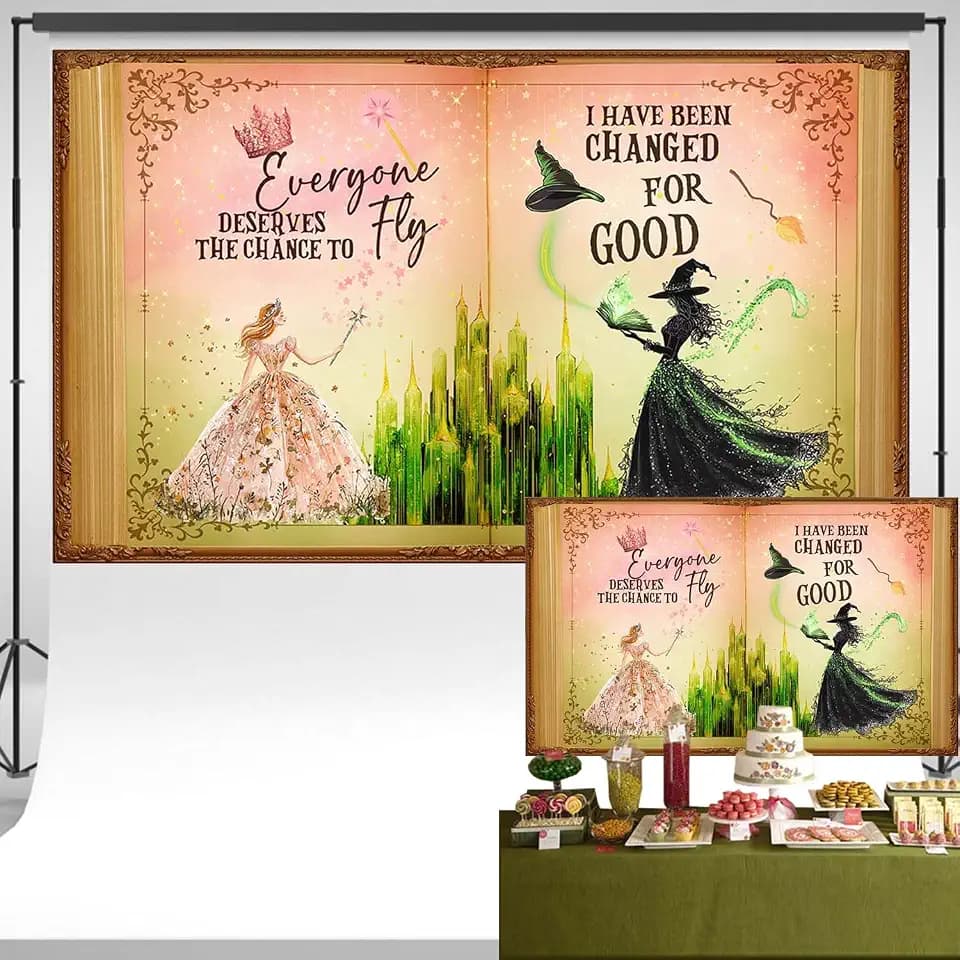 Witch Wizard Fairytale Open Book Backdrop Vintage Style Green and Pink Background Magic Castle Banner Girls Birthday Party Decorations 5x3 ft 9