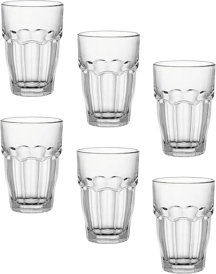 Bormioli Rocco Rock Bar Stackable Beverage, Set Of 6 Dishwasher Safe Drinking Glasses For Soda, Juice, Milk, Coke, Beer, Spirits – 12.5oz Durable Tempered Glass Water Tumblers For Daily Use