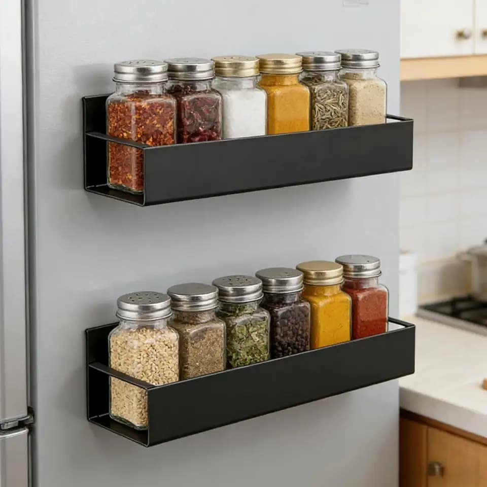 2 Stück Kühlschrank Regal Magnetisch, Magnet Regal Kühlschrank, Metall Magnetisches Gewürzregal Magnetic Spice Rack für Küche Aufbewahrung und Organisation, Schwarz