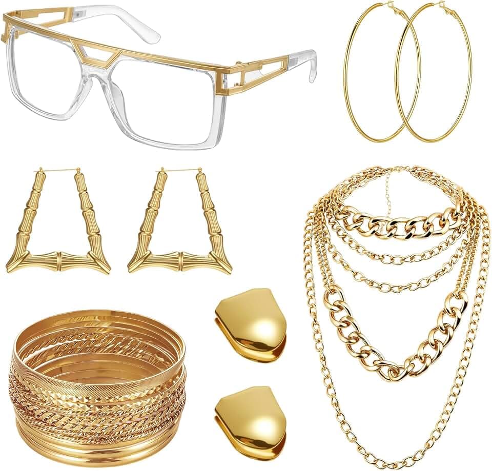 Halloween 80/90s Outfits Accessories Set for Women Gold Hip Hop Costume