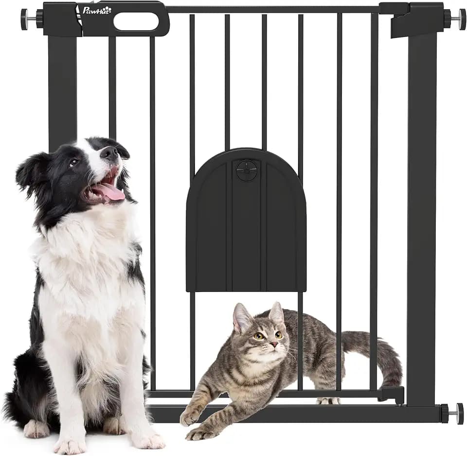 PawHut Haustiergitter mit Katzenklappe selbstschließend 75-82 cm Schwarz