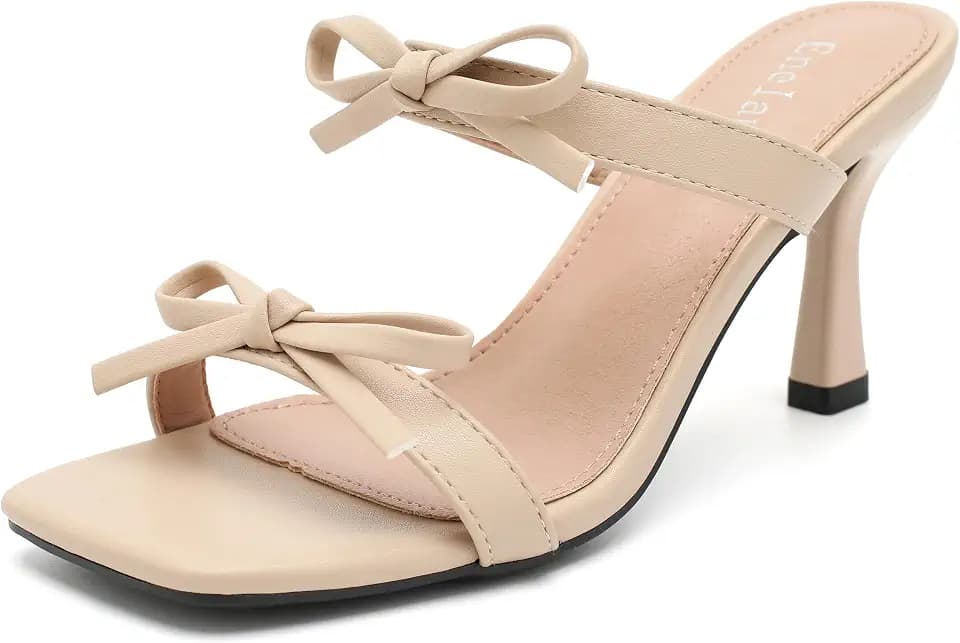 Enelauge Women's Kitten Heels Sandals Double Strap Slide Square Open Toe Bownots Mules Slip On Summer Dress Party Daily Shoes