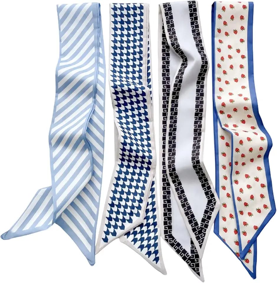 Jaczora 4 Pcs Satin Scarves for Women, Multifunctional Boho Headbands, Fashion Hair Scarf & Bag Scarf