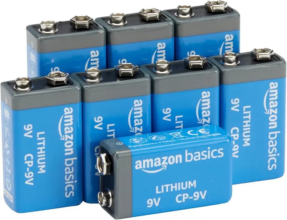 Amazon Basics 8-Pack 9 Volt Lithium Batteries, 10-Year Shelf Life, Long Lasting Power