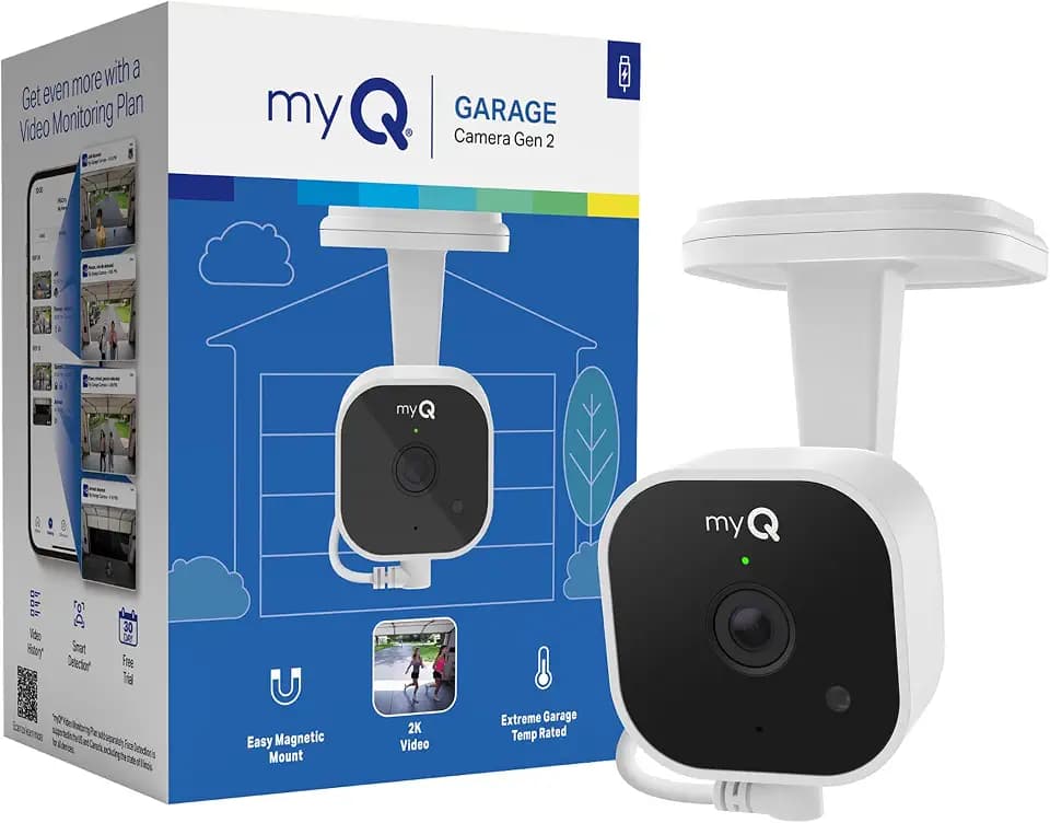 myQ Garage Plug-in Camera Gen 2 – 2K Smart Wi-Fi Garage Camera with Night Vision, Wide-Angle Lens, 2-Way Audio, Magnetic Base & Motion Alerts, App Control – Compatible with Your Garage Door Opener