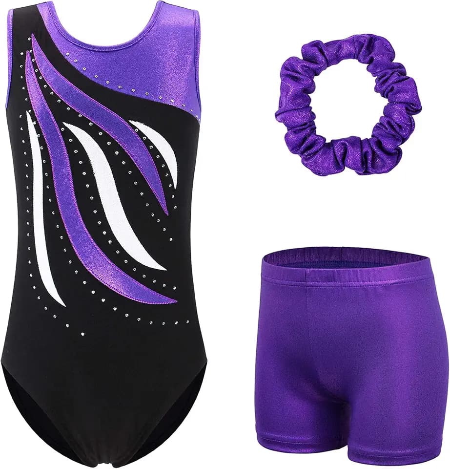 XFGIRLS Gymnastikanzug für Mädchen, langärmelig, funkelnd, Tanzen, ärmellos, Mädchen, Ballett, Gymnastik, Shorts, 3–14 Jahre
