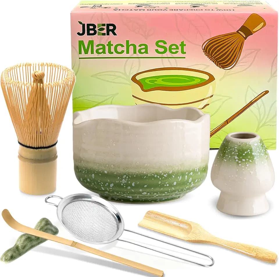 JBER Matcha Tea Set, Matcha Set 7 Teiliges - Bambus Matcha Besen, Matcha Schale mit Ausgießer, Sieb und Zubehör, Geschenk für Matcha Zeremonie - Farbverlauf Grün