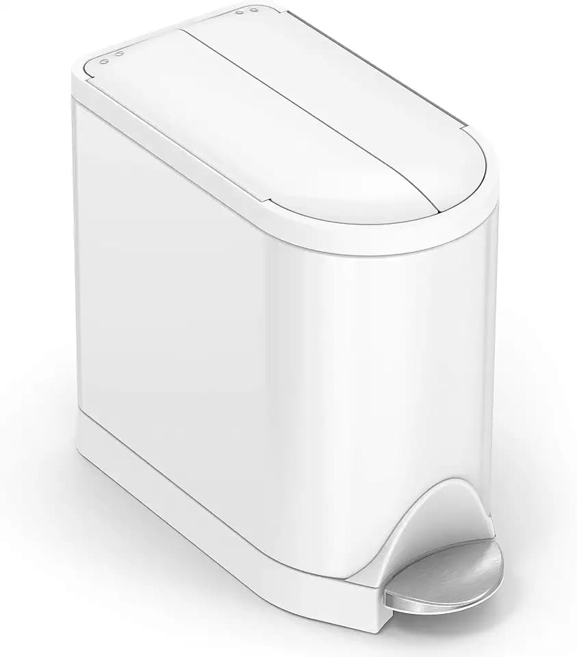 simplehuman Butterfly Step Can, 10L / 2.6 Gallon Compact Bathroom Trash Can, Low Lid Clearance, Slim Profile, 150,000-Step Pedal, Lid Shox® Silent Close, White Steel